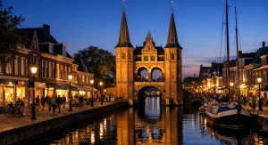 Avondbeeld van de Waterpoort in Sneek met verlichte winkels langs het water.