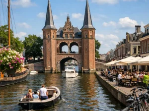 De Waterpoort in Sneek aan het kanaal met boten en terrassen.