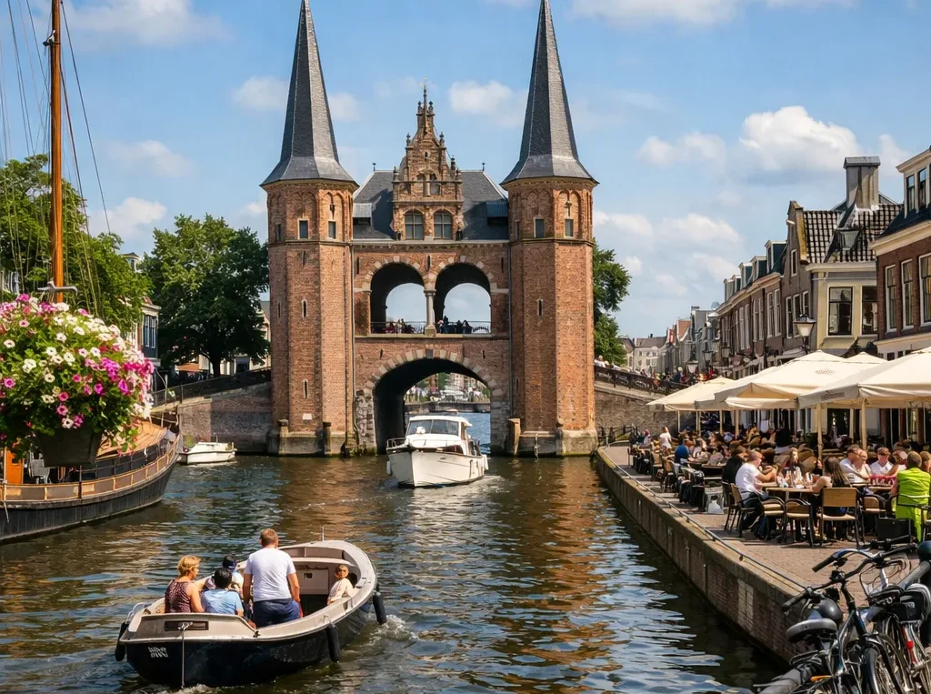 De Waterpoort in Sneek aan het kanaal met boten en terrassen.