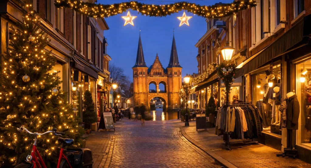 Verlichte winkelstraat in Sneek met kerstversiering en de Waterpoort in de avond