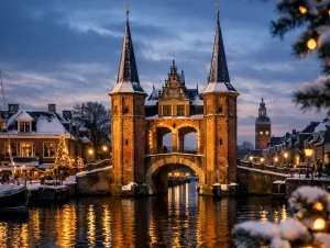 Besneeuwde Waterpoort in Sneek met kerstverlichting langs het water.