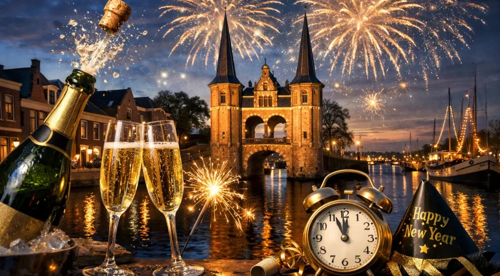Vuurwerk bij de Waterpoort in Sneek met champagneglazen en nieuwjaarsdecoratie.