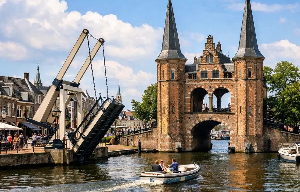 De Waterpoort in Sneek met open brug en boot op het kanaal.