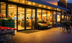Realistische foto van een supermarkt in Sneek in de avondschemering.