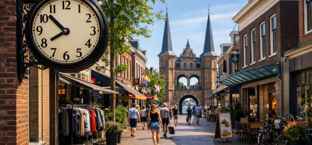Drukke winkelstraat in Sneek met de Waterpoort op de achtergrond