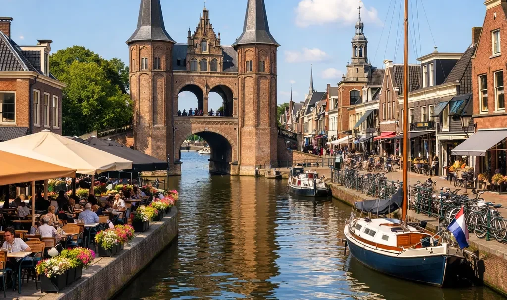 Waterpoort in Sneek met terras aan de gracht