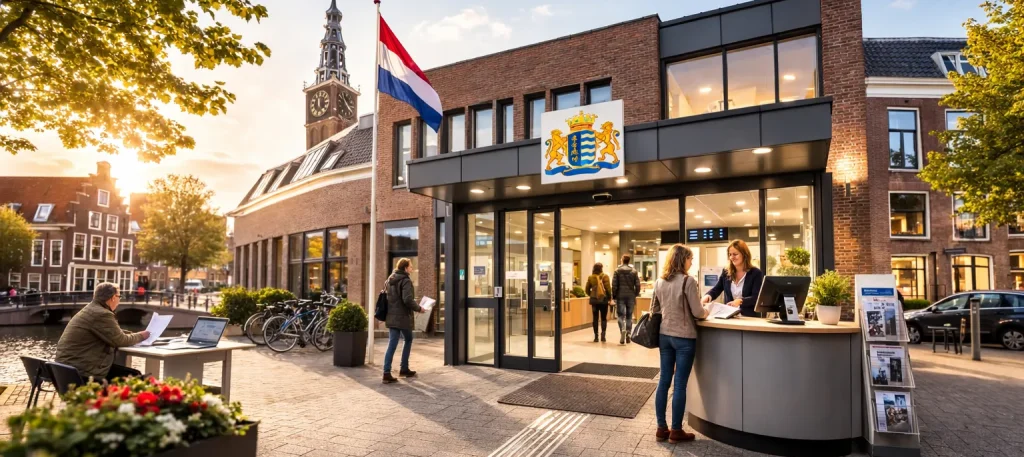 Bezoeker bij de ingang van het gemeenteloket in Sneek.