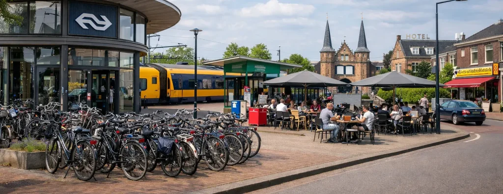 Omgeving bij station Sneek met fietsen en terras