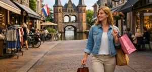 Shopper met tassen op winkelstraat in Sneek bij de Waterpoort