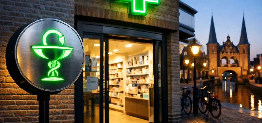 Verlichte apotheekgevel in Sneek bij schemering, met open ingang.