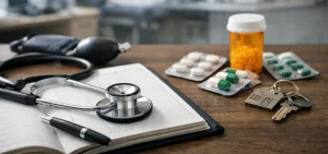 Stethoscoop op agenda met medicijnen in huisartspraktijk