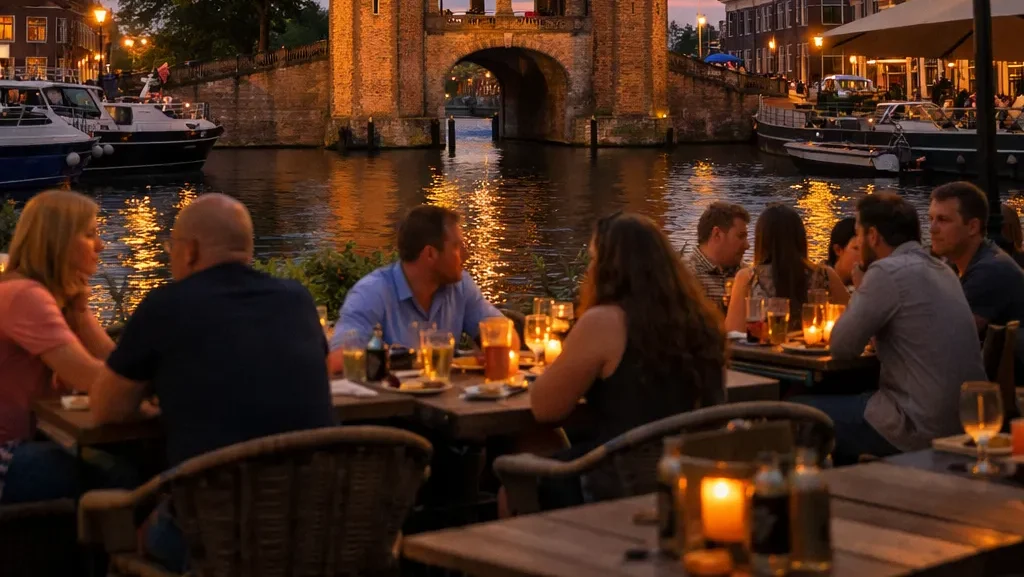 Terras in Sneek bij de Waterpoort in de avond