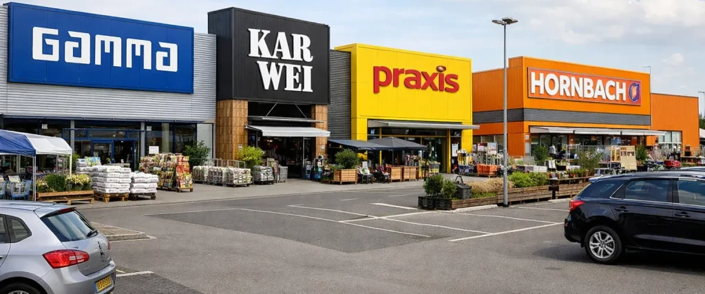 Gevels van bouwmarkten in Sneek met parkeerterrein