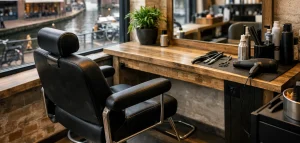 Kappersstoel en werkplek bij raam met uitzicht op gracht in Sneek.