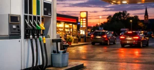 Verlicht tankstation in Sneek bij schemering met pomp en shop