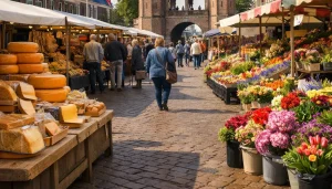 Drukke weekmarkt in Sneek met kramen en de Waterpoort op de achtergrond.