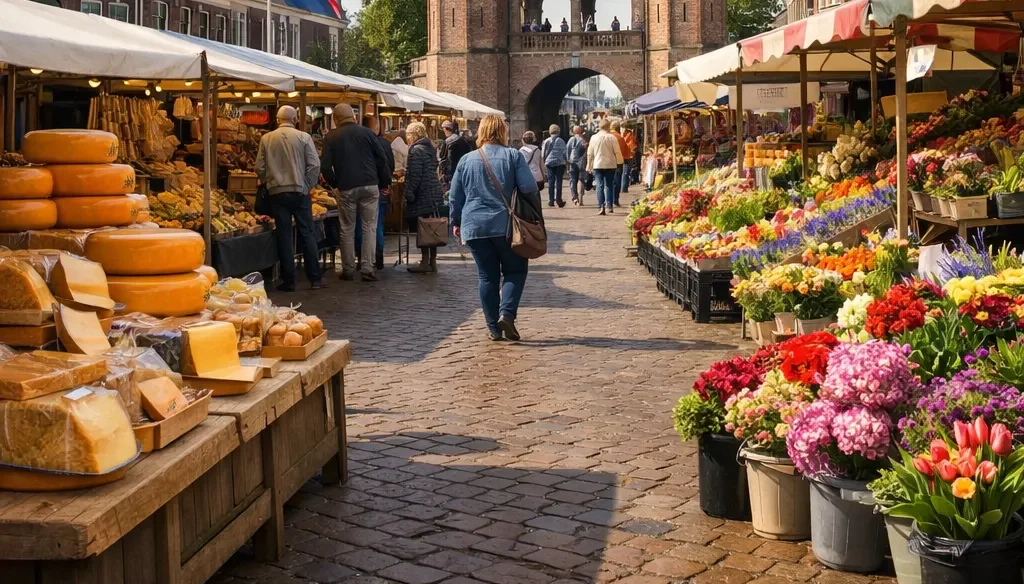 Drukke weekmarkt in Sneek met kramen en de Waterpoort op de achtergrond.