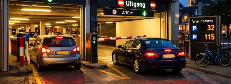 Inrit en uitrit van een parkeergarage in Sneek in de avond.
