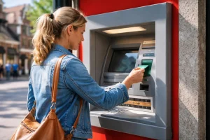 Persoon pint bij een pinautomaat in Sneek