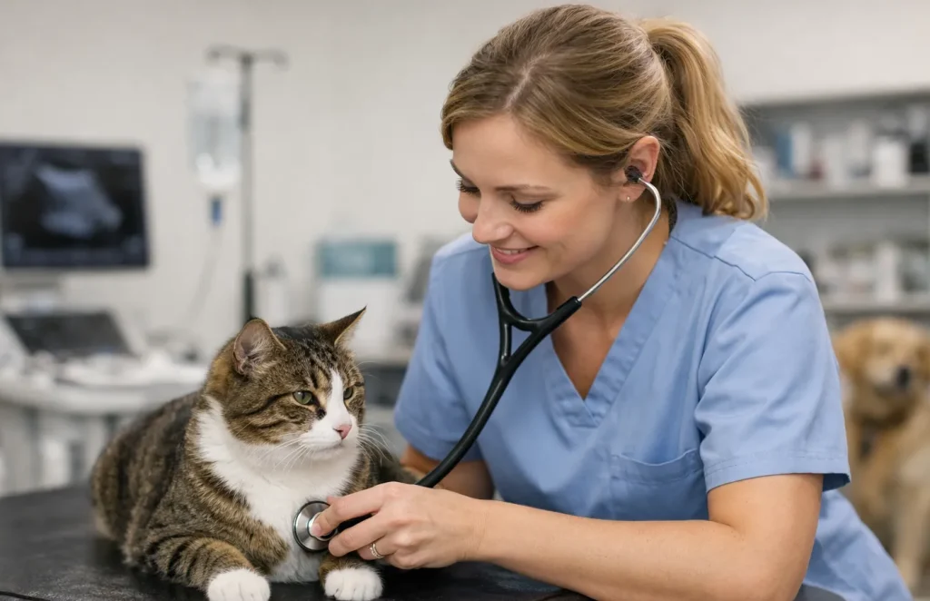 Dierenarts luistert naar kat in dierenkliniek