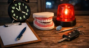 Tandartsinstrumenten met klok en noodlamp op tafel