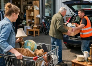 Bezoekers winkelen en brengen spullen bij een kringloopwinkel in Sneek.