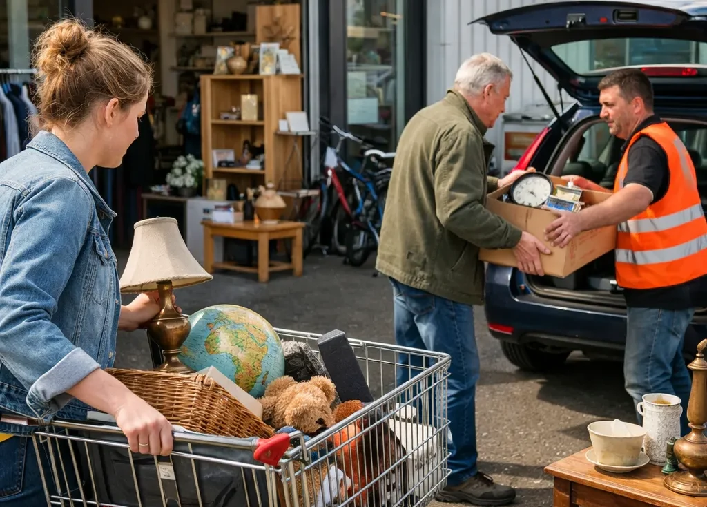 Bezoekers winkelen en brengen spullen bij een kringloopwinkel in Sneek.