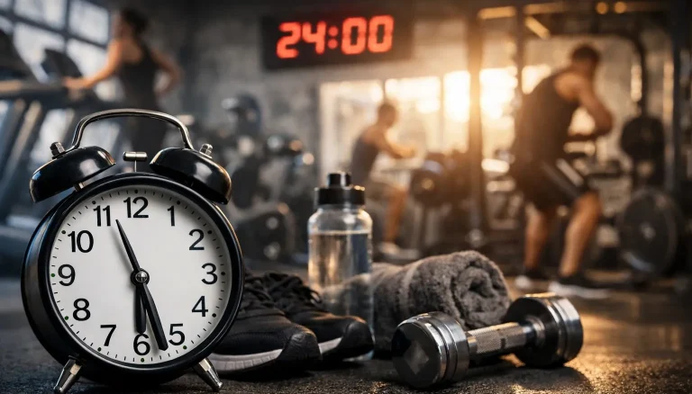 Gymvloer met wekker, handdoek, waterfles en dumbbell; sporters onscherp op de achtergrond.