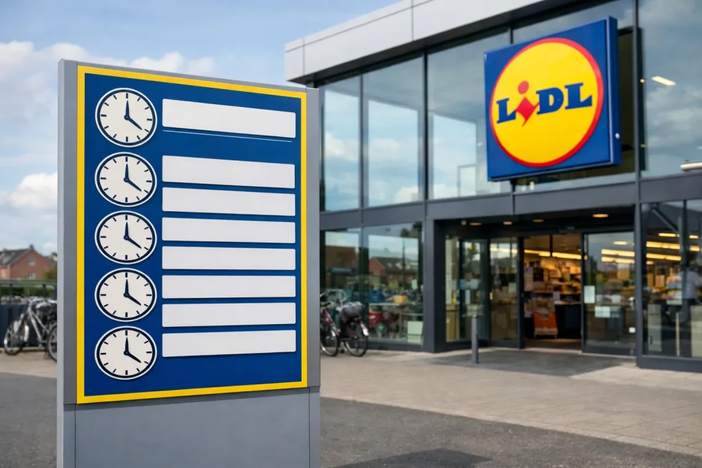 Lidl supermarkt ingang in Maassluis met openingstijden bord buiten