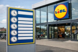 Lidl supermarkt ingang in Maassluis met openingstijden bord buiten