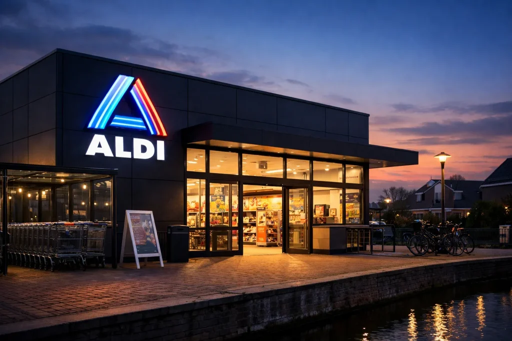 Aldi winkel in Maassluis bij zonsondergang met winkelwagens voor de ingang.