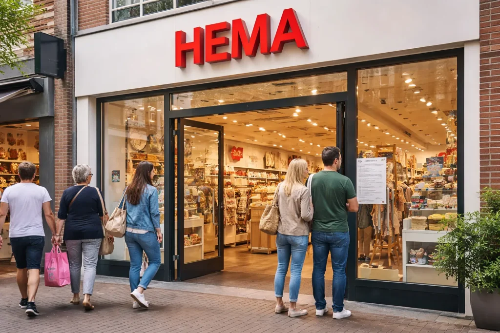 Ingang van een HEMA winkel in Nederland met klanten bij de deur