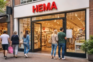 Ingang van een HEMA winkel in Nederland met klanten bij de deur