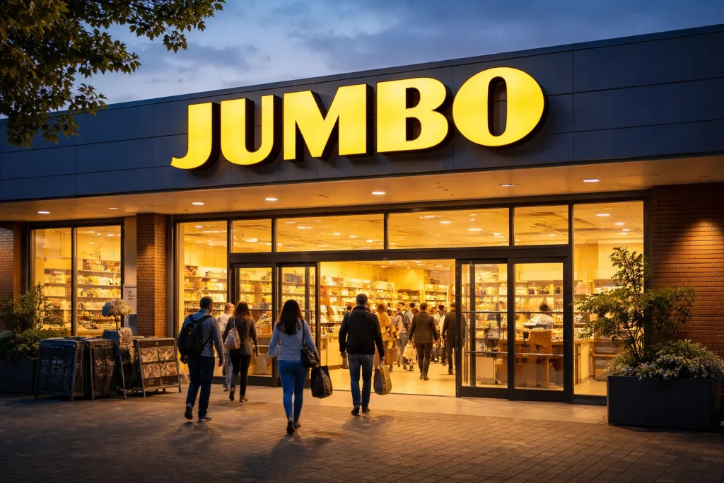 Klanten lopen een verlichte Jumbo supermarkt binnen in de avond