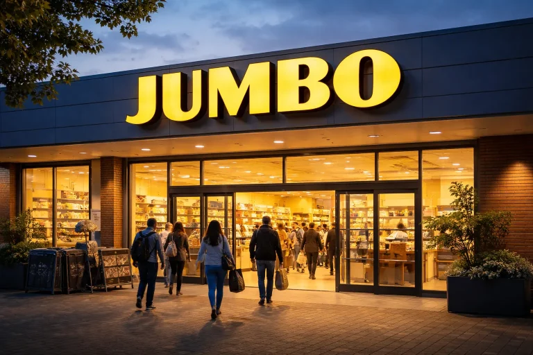 Klanten lopen een verlichte Jumbo supermarkt binnen in de avond