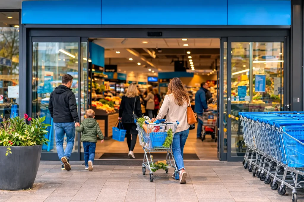 Ingang van een Albert Heijn supermarkt met klanten die naar binnen lopen