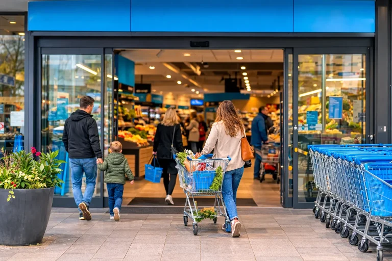 Ingang van een Albert Heijn supermarkt met klanten die naar binnen lopen