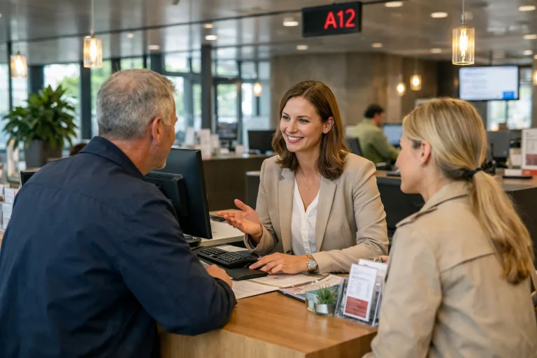 Balie van het stadhuis waar inwoners informatie krijgen over openingstijden