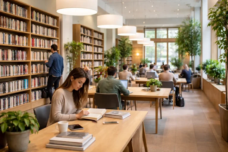 Moderne bibliotheek interieur met mensen die lezen en studeren